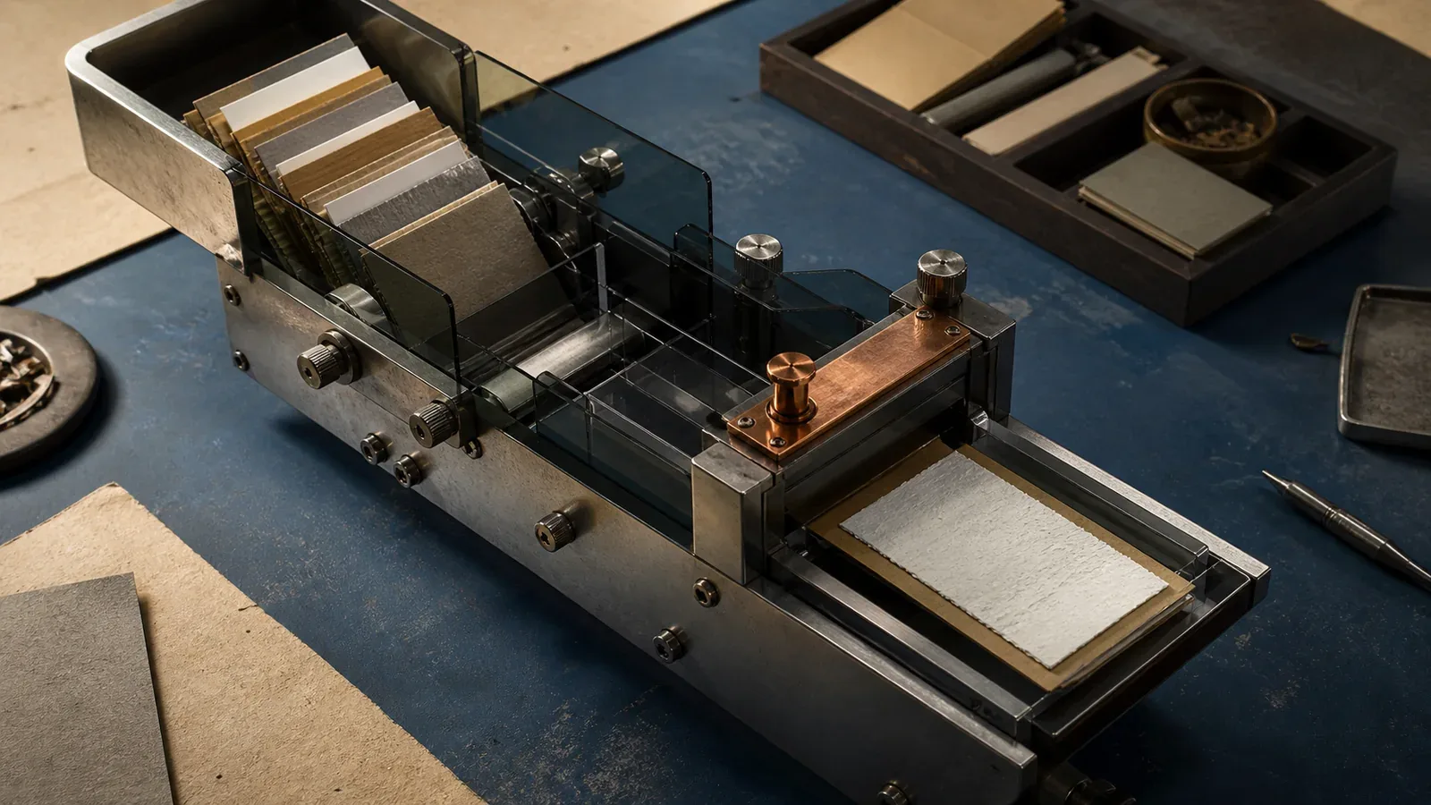 Precision card-sorting machine organizing a stack of paper records on a blue steel workbench