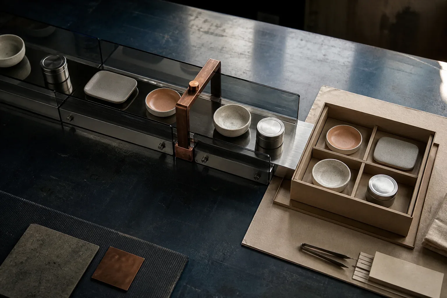 Product packaging, inventory tokens, and a brass rail arranged as a commerce system