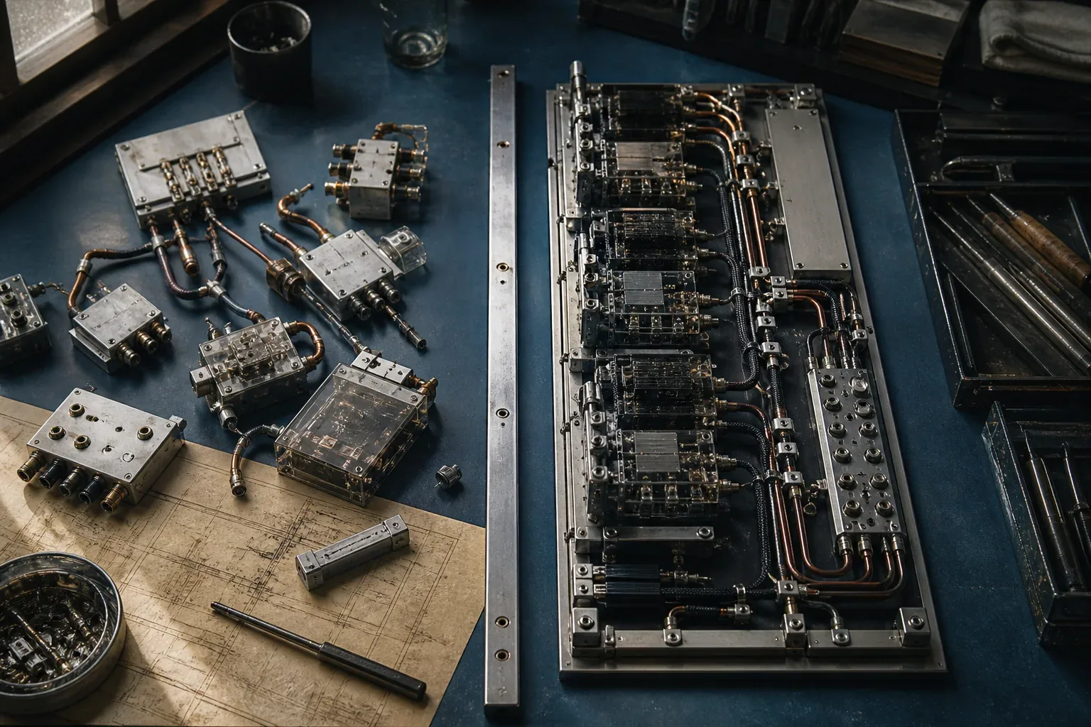 Technical planning instruments and system components organized on a consultation table