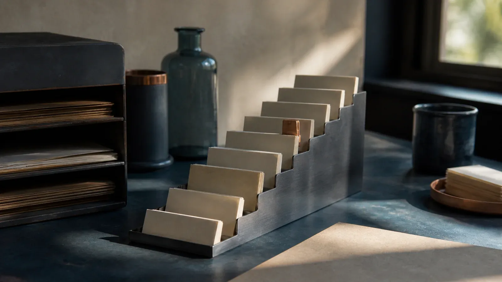 Ranked file cards arranged in a stepped steel organizer beside an archive tray