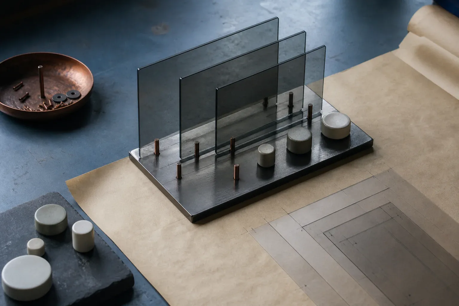 Layered paper interface components arranged on a designer's work surface