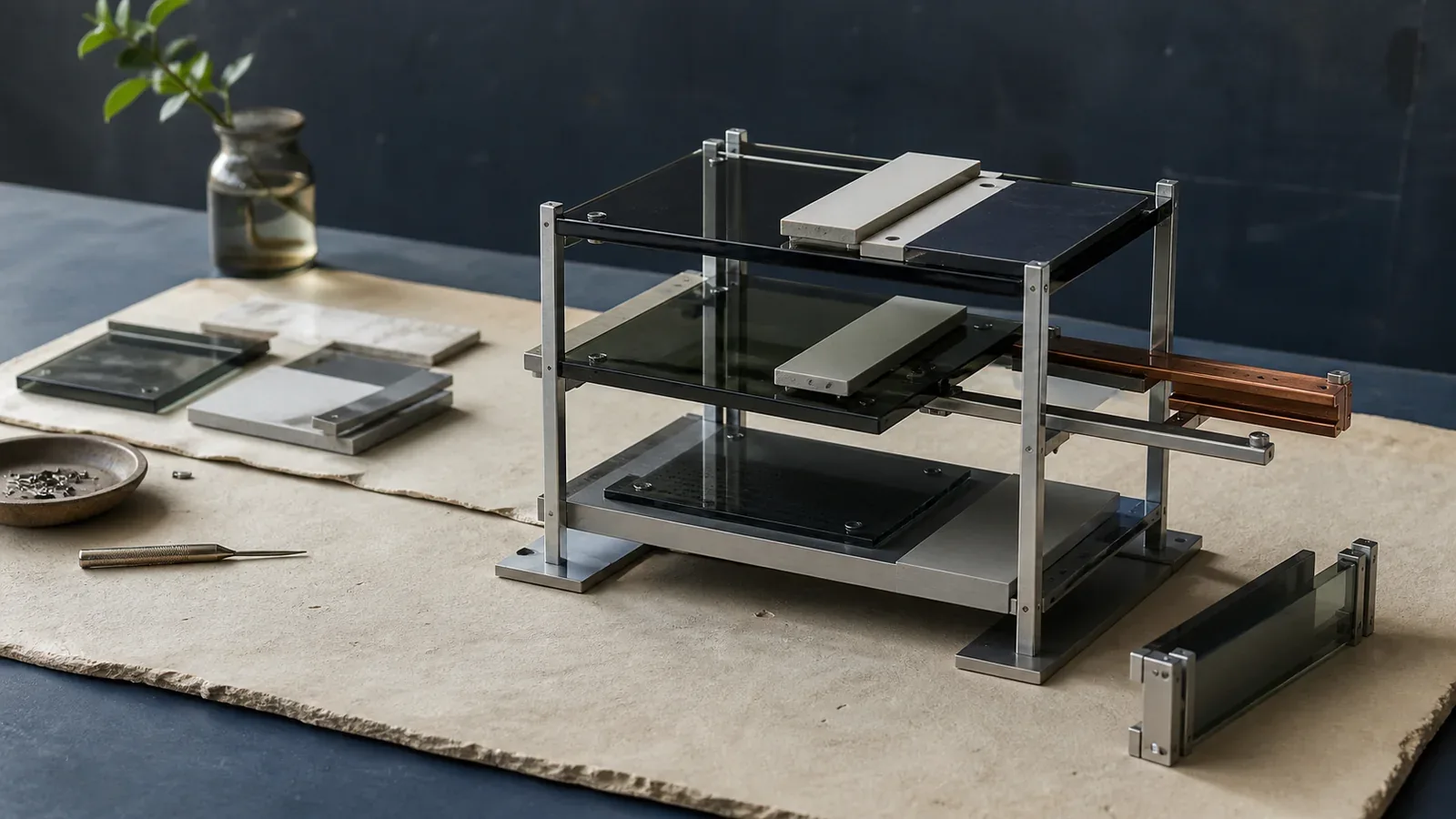 Modular glass and steel web platform assembled in layers on a precision workbench